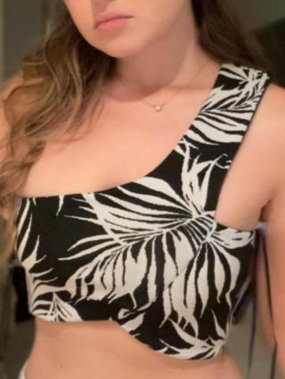 Zara Black & White One-Shoulder Tropical Crop Top